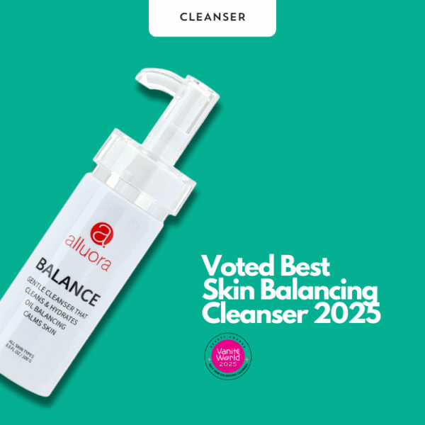 Allura skin balancing cleanser bottle on green background, Voted Best Skin Balancing Cleanser 2023.
