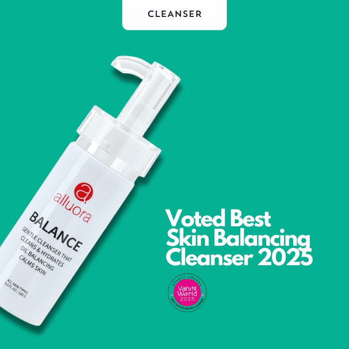 Allura skin balancing cleanser bottle on green background, Voted Best Skin Balancing Cleanser 2023.