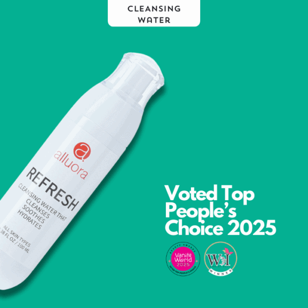 Refreshing cleansing water by Alluora, voted top skincare choice 2025.
