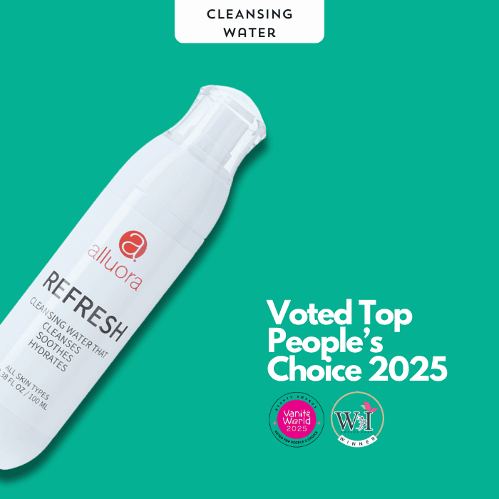 Refreshing cleansing water by Alluora, voted top skincare choice 2025.