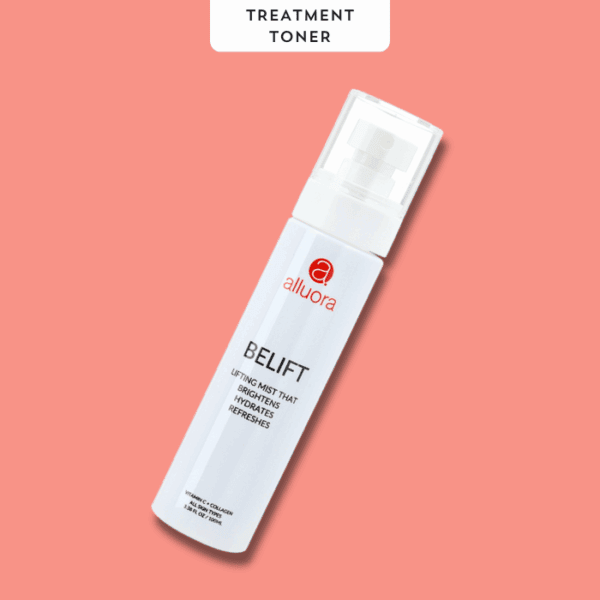 Allura belift lifting mist for glowing skin on peach background.