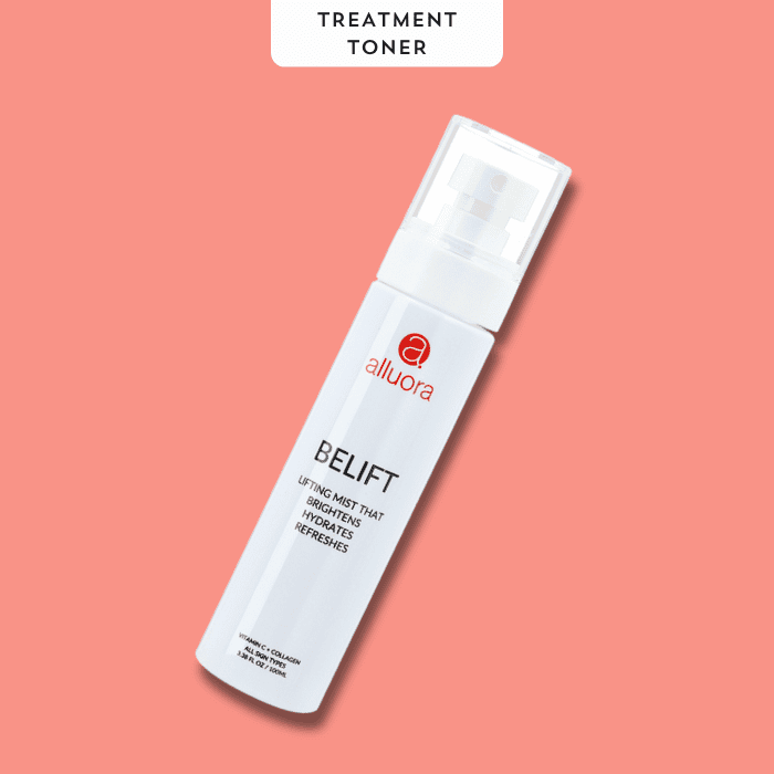 Allura belift lifting mist for glowing skin on peach background.