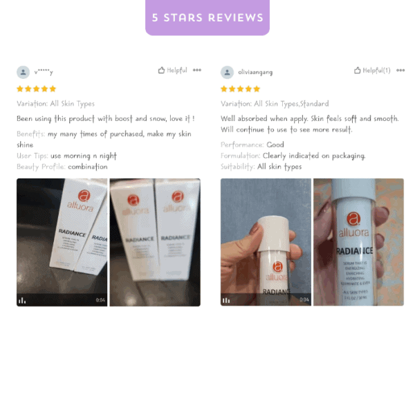 Radiance serum Alluora skincare product for glowing skin, suitable for all skin types.