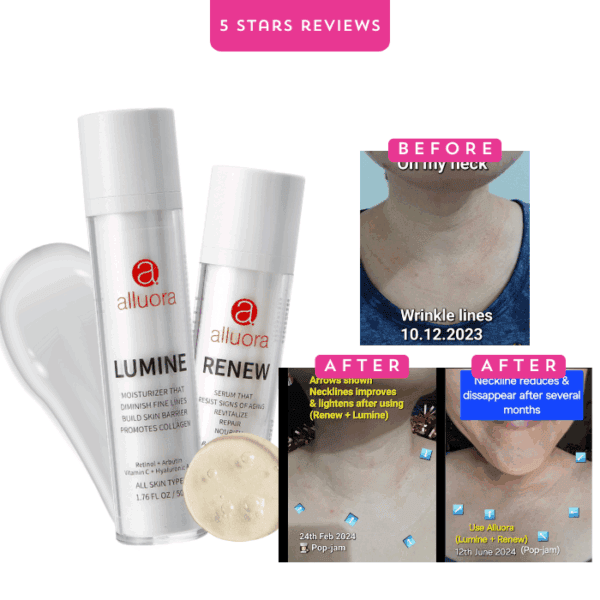 Luminous skin care serum by Alluora for anti-aging and collagen boost, with Renew and Lumine products.