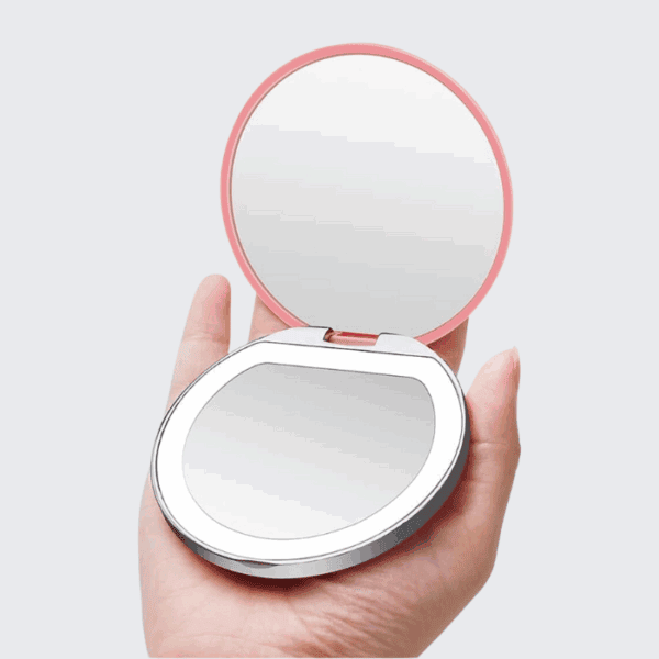 Face powder compact with mirror, pink and white, beauty and skincare product, Alluora.