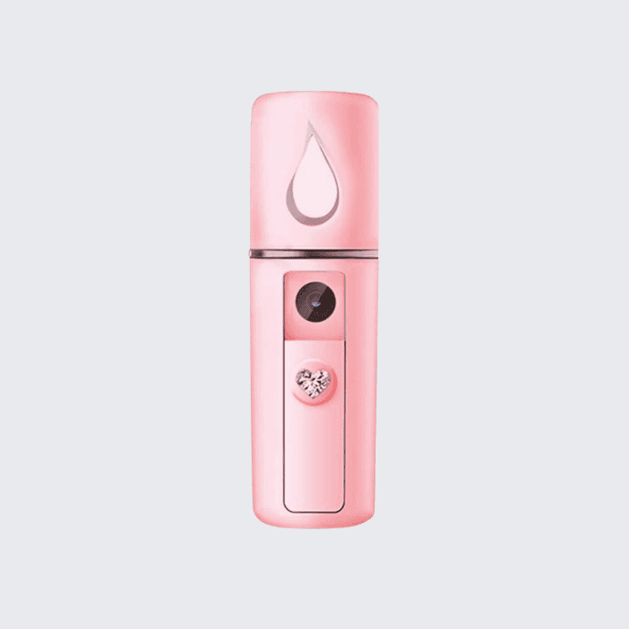 Pink portable skincare device with drop and heart icons for beauty treatments.