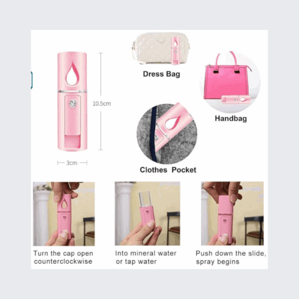 Pink portable spray sanitizer for handbags, clothes, and accessories, compact and USB rechargeable.