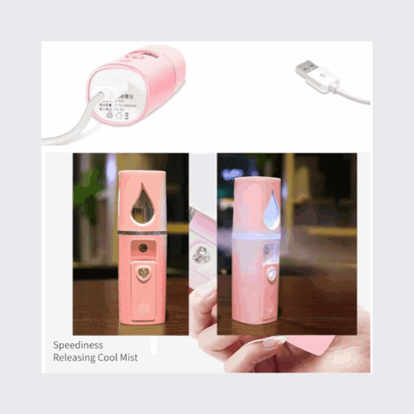 Pink portable ultrasonic diffuser with mist spray and USB power for aromatherapy and relaxing environment.