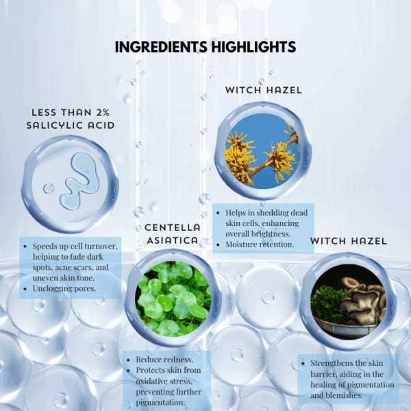 Salicylic acid, centella asiatica, and witch hazel for skin brightening and pore unclogging.