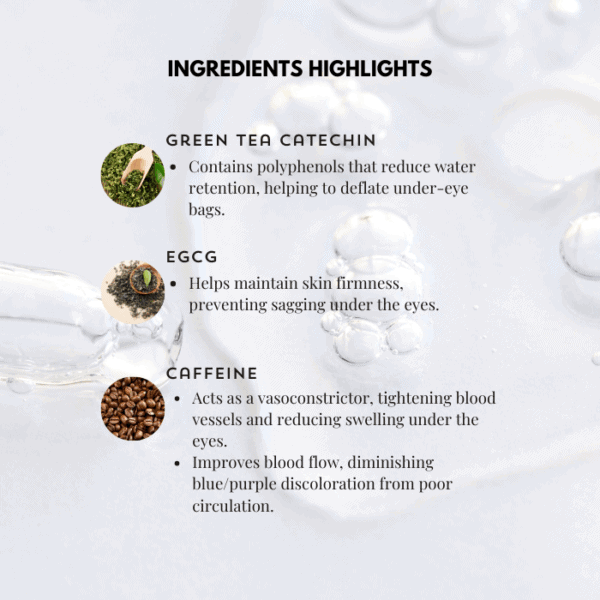 Green tea catechin skincare ingredients for under-eye bags and skin firmness.