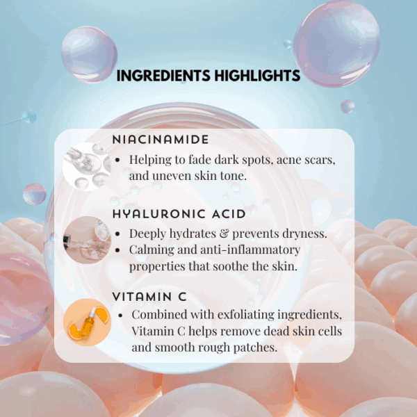 Niacinamide and hyaluronic acid skincare ingredients highlighting skin hydration and brightening benefits.