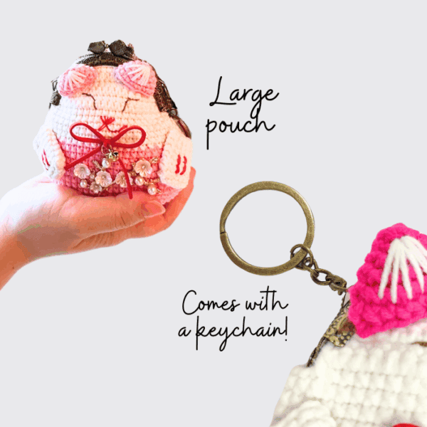 Cute crochet large pouch with keychain, perfect for accessories or small items.