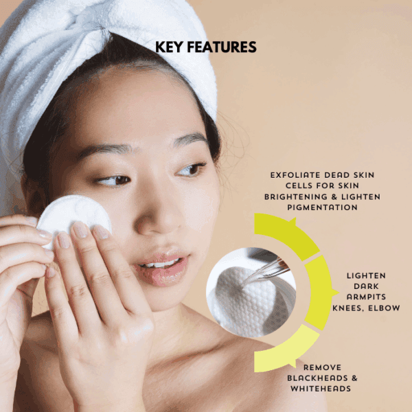 Exfoliating skincare with cotton pad for dead skin removal and brightening.