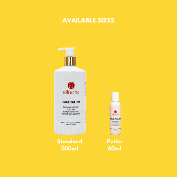 Brightglow body wash featuring Alluora skincare brand, available in standard 500ml and petite 60ml sizes.