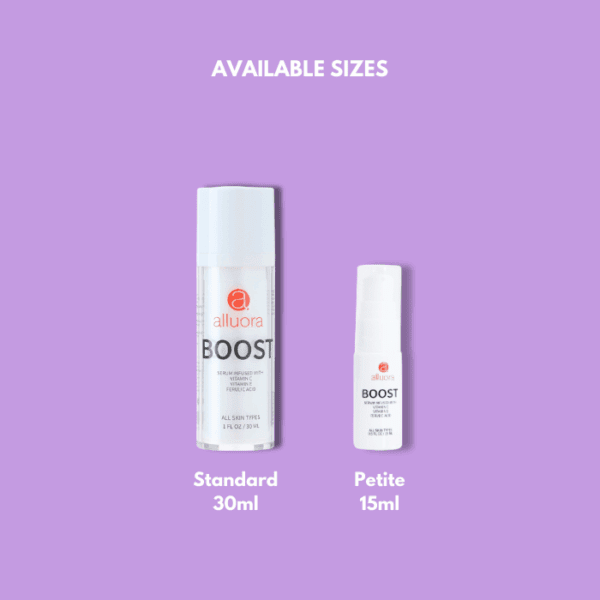 Alluora Boost serum for all skin types, available in 30ml and 15ml sizes.
