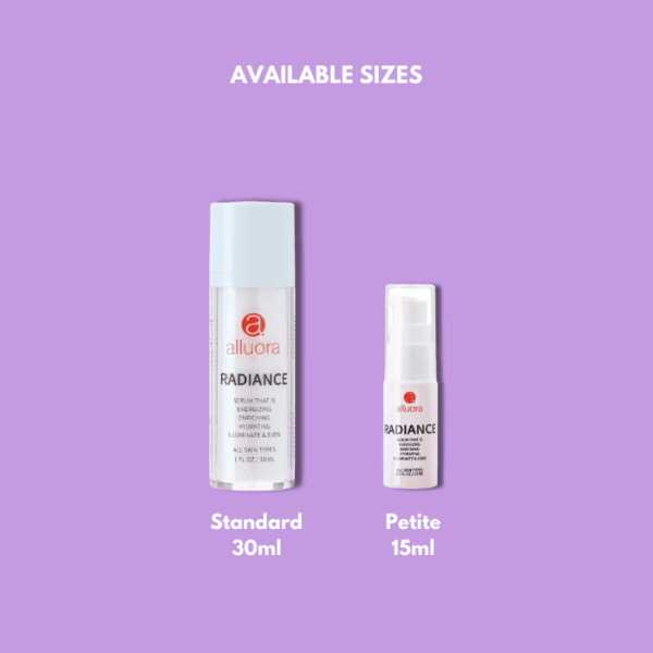 Vibrant radiance serum bottles from Alluora on purple background.