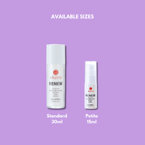 Renew serum bottle by Alluora, skincare anti-aging, available in 30ml and 15ml sizes.