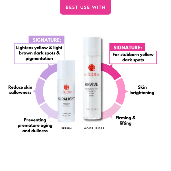 Brightening skincare serums and moisturizers by Alluora for radiant, youthful skin.