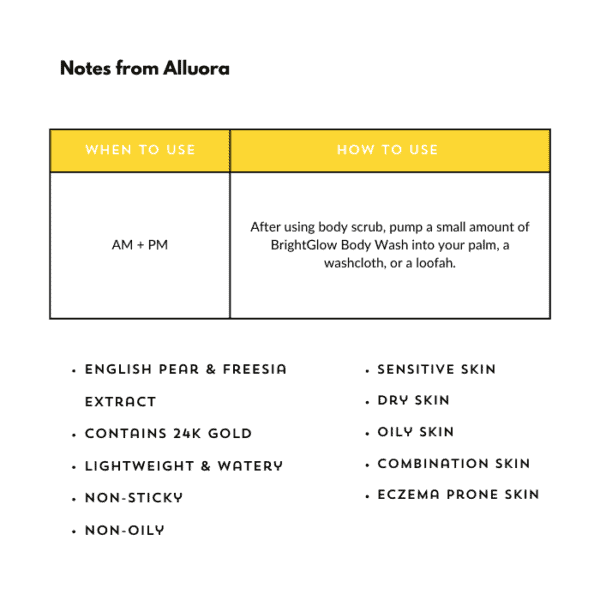 BrightGlow Body Wash for sensitive, dry, oily, and combination skin types, infused with 24K gold.