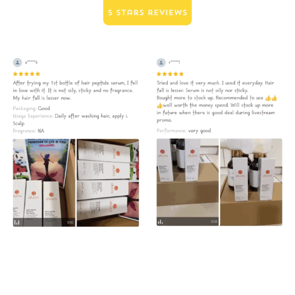 Alluora hair serum bottles showcasing natural hair care products.