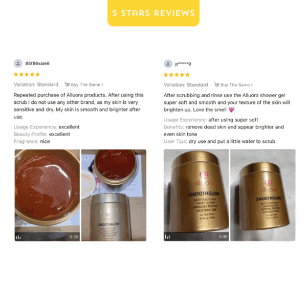 Smooth glow body scrub for glowing, smooth skin, Alluora skincare product.