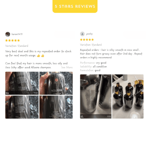 Alluora hair care shampoo and essential oils for smoother, healthier hair.