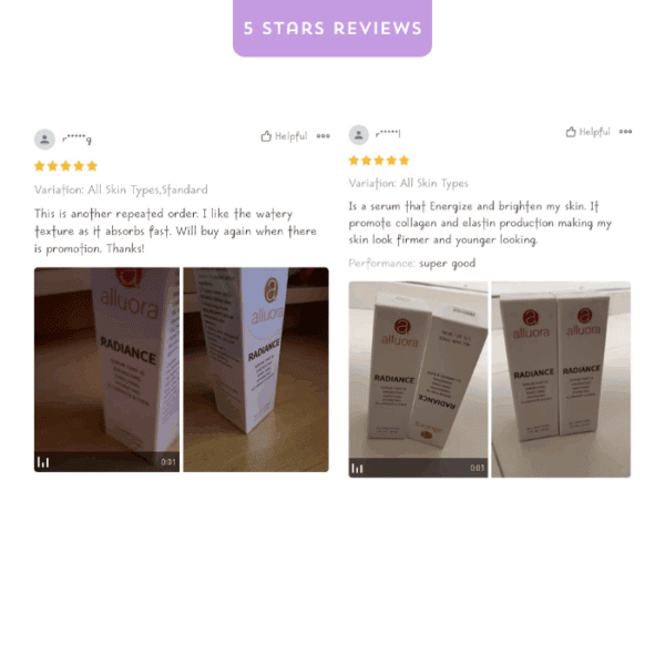 Radiance skincare product box for Alluora, anti-aging serum, collagen boost, brightening skincare, anti-wrinkle treatment, facial care, beauty essentials.