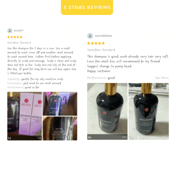 Deep-cleaning shampoo bottle for hair and scalp care, Alluora Nourish product for healthy hair.