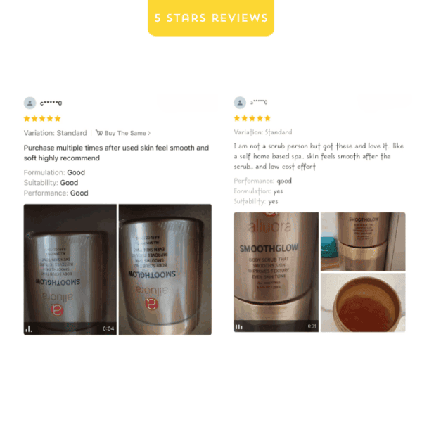 Allura smooth glow body scrub for radiant skin, exfoliating and nourishing beauty product.