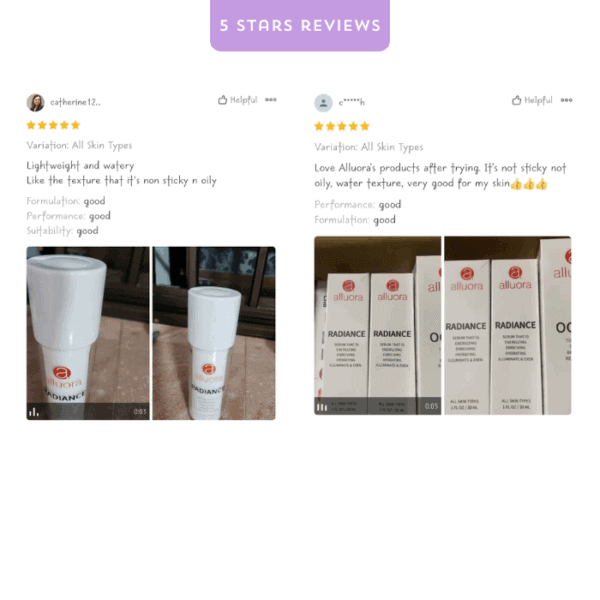 Allura skincare radiance serum box and bottle, beneficial for all skin types, hydrating, non-sticky, lightweight.