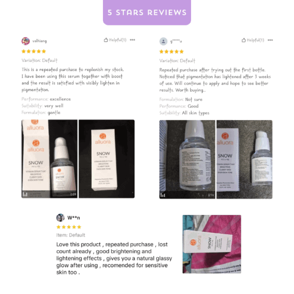 Allura snow vitamin serum for skin brightening and glow, suitable for sensitive skin, with visible lightening effects.