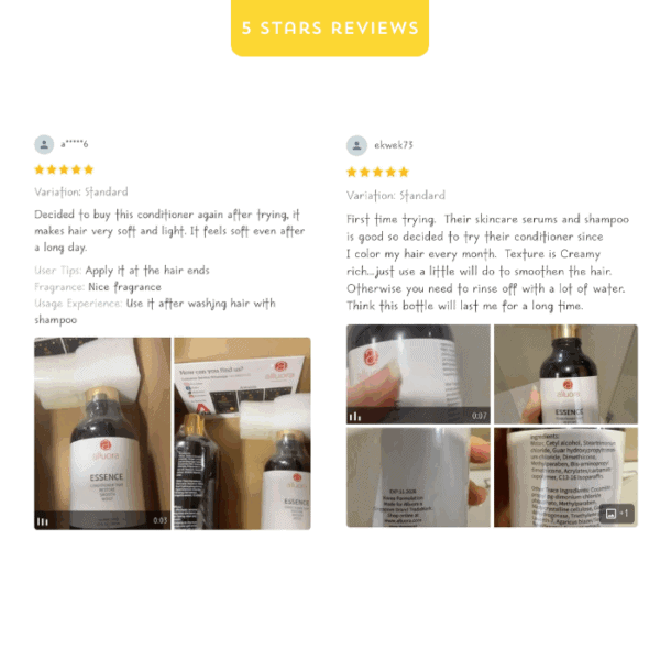 Allura skincare essence bottle with label and packaging, close-up on product details and ingredients.