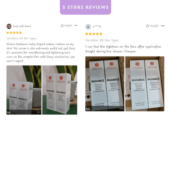 Alluora Radiance skincare serum boxes for glowing skin and reduced redness, ideal for all skin types.