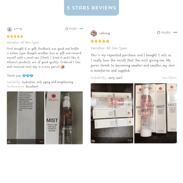 Allura mist toner for hydrating and anti-aging skincare, suitable for all skin types.