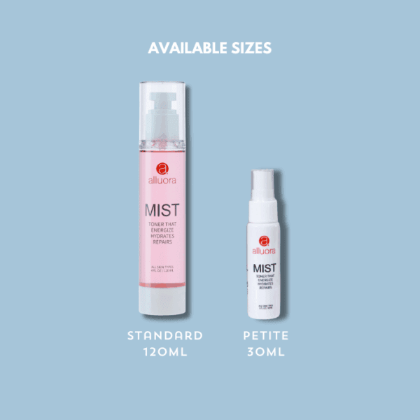 Moisturizing facial toner, Alluora Mist for skincare hydration and repair, available in standard 120ml and petite 30ml sizes.