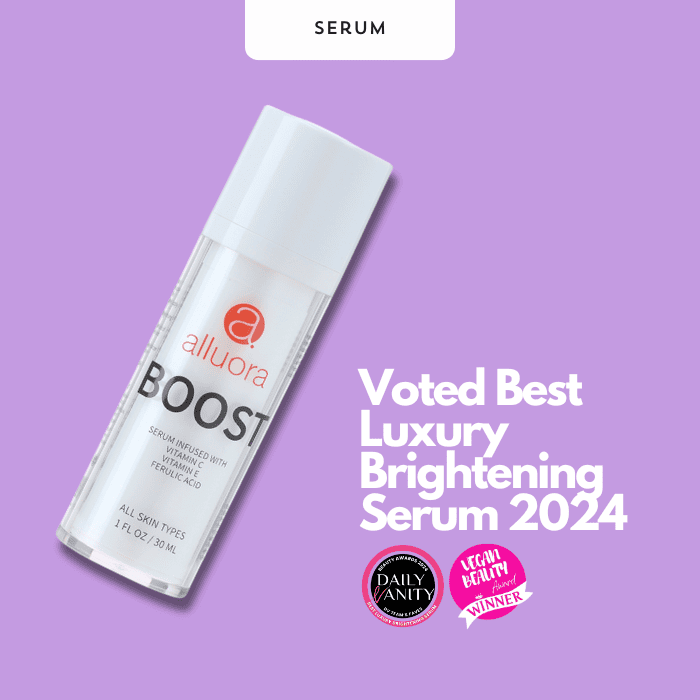 Allura boost luxury brightening serum bottle on purple background, skincare, anti-aging, vitamin C.