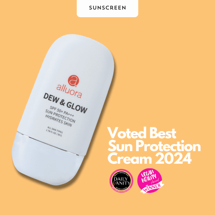 Alluoara dew & glow sun protection cream SPF 50+ PA++++, hydrating skincare product.