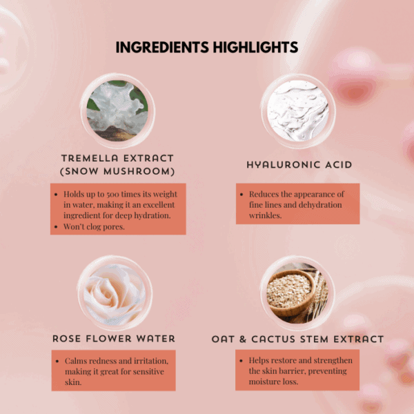 Tremella mushroom extract, hyaluronic acid, rose flower water, oat & cactus stem extract nourishing skincare ingredients.