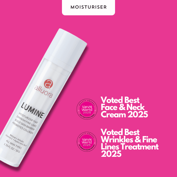 Moisturizer for face and neck with collagen promotion, bestselling Alluora Lumine cream in white bottle.