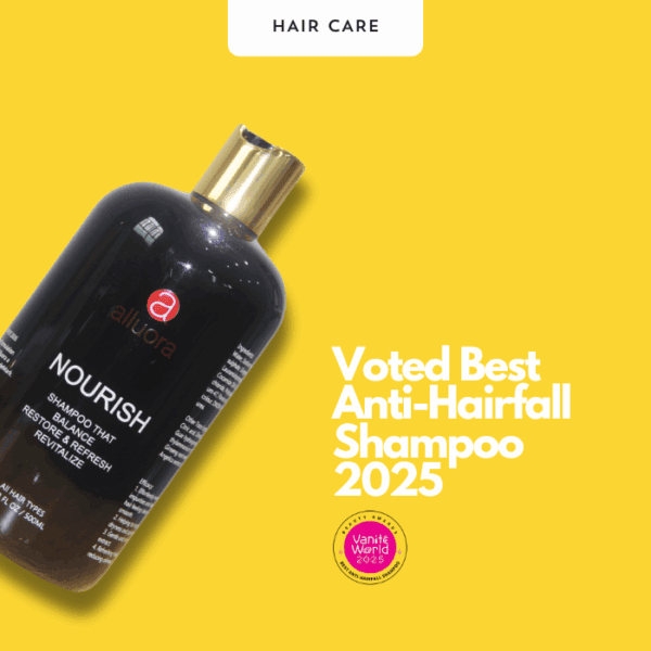 Nourish anti-hair fall shampoo bottle with gold cap on vibrant yellow background.