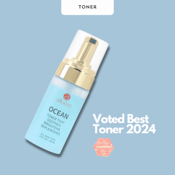 Voted best toner 2024, Alluora Ocean toner for glowing, hydrated skin, soothing and brightening properties.