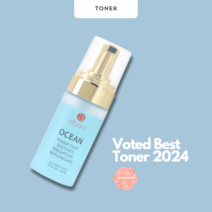 Voted best toner 2024, Alluora Ocean toner for glowing, hydrated skin, soothing and brightening properties.