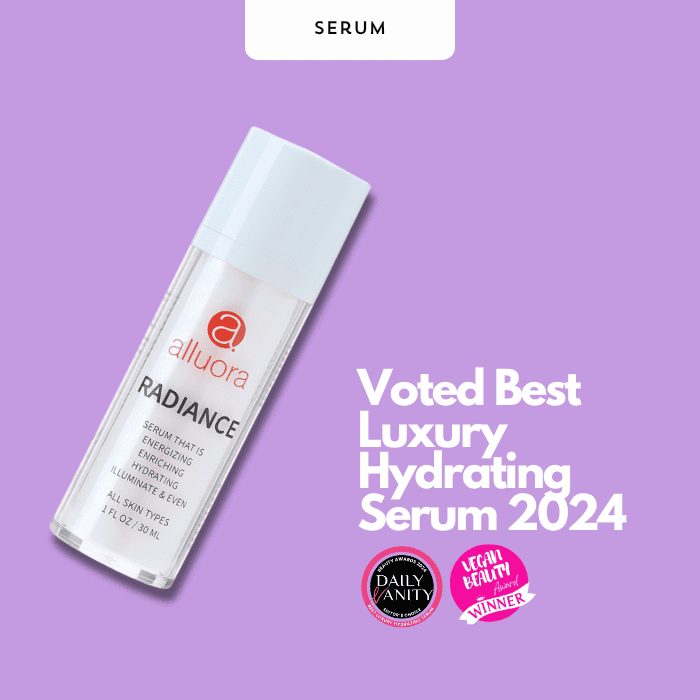 Allura radiance hydrating serum bottle on purple background, luxury skincare, best hydrating serum 2024.