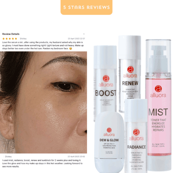 Boost serum skincare, Alluora revitalizing skincare line with hydrating and anti-aging benefits.