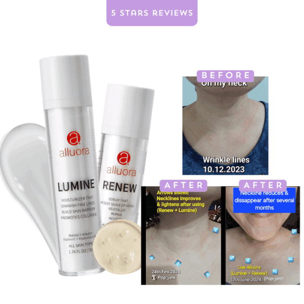 Luminous skincare serum bottles for anti-aging and skin renewal, Alluora skincare products.