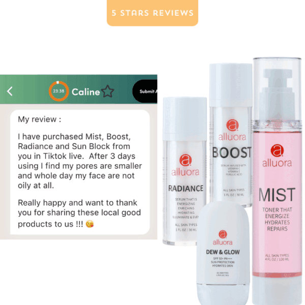 Allura skincare products plus review, mist, boost, radiance, sun block focus.