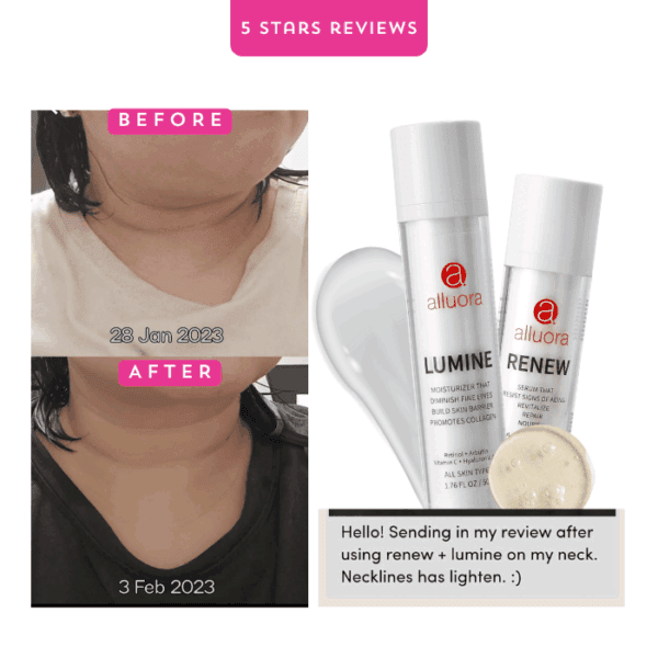 Alluora skincare before and after neck improvement with Lumine and Renew serums.