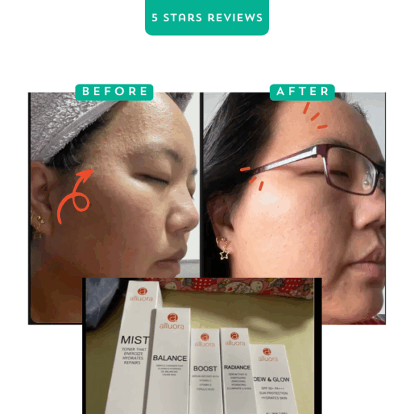 Brightening skincare before and after results with Alluora serums for radiant skin.
