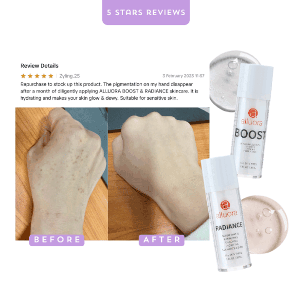 Repurchase skincare product Alluora Boost Radiance improves skin glow and hydration for sensitive skin.