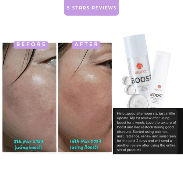 Clear skin improvement with Alluora Boost skincare serum.